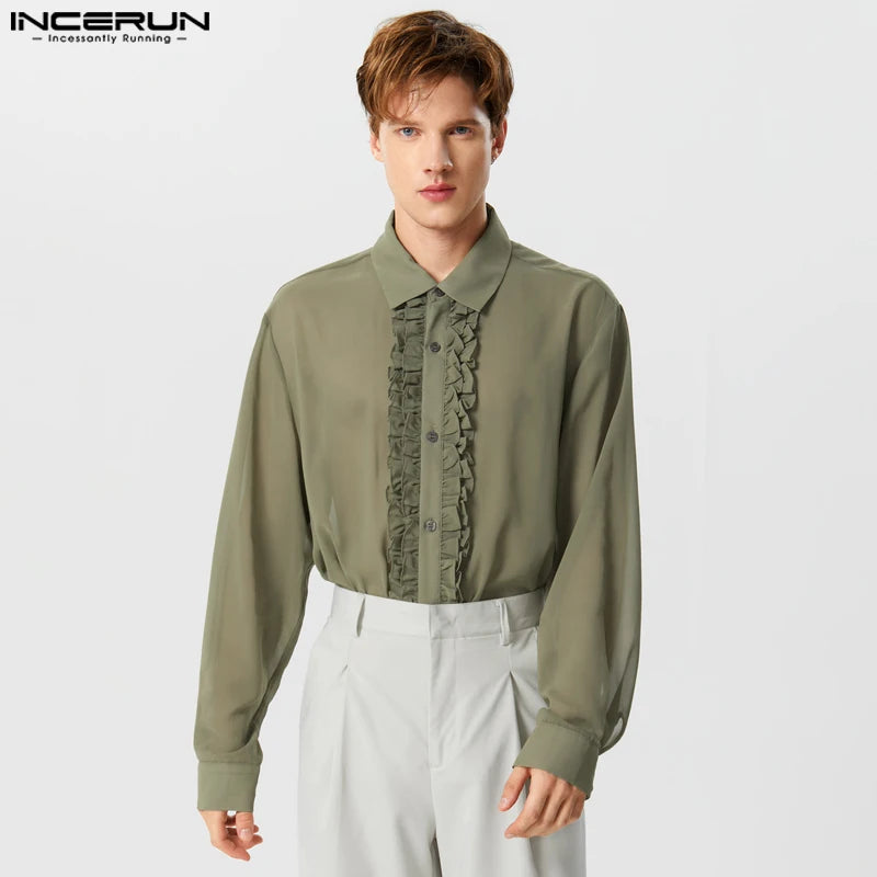 Mode Casual Style Tops INCERUN Neue Herren Chiffon Transparent Rüschen Knopfleiste Shirts Männliche Dünne Langarm Revers Bluse S-5XL