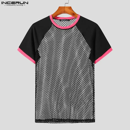 INCERUN Tops 2024 Amerikanischer Stil Neue Herren Durchsichtige Mesh Patchwork Gestreifte T-Shirts Sexy Enge Raglanärmel Dünne T-Shirts S-5XL