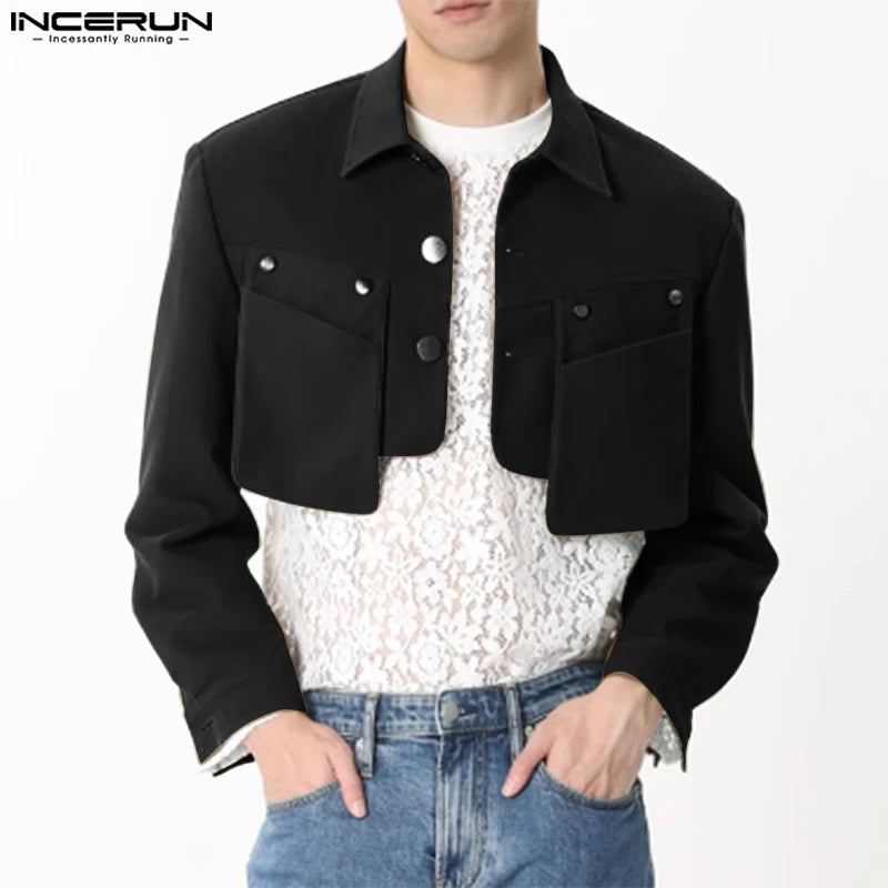 Fashion Casual Style Tops INCERUN Men Cropped Pocket Design Jackets Coats Male Personality Solid Long Sleeved Jackets S-5XL 2024