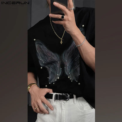 Handsome Well Fitting Tops INCERUN Men Personality Printed Pearl Decoration T-shirt Male Streetwear Short Sleeved Camiseta S-5XL