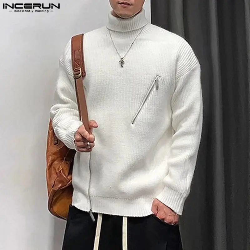 INCERUN Tops 2023 Korean Style Men's Knitted Zipper Design Pullovers Casual Solid All-match High Neck Long Sleeved Sweater S-5XL