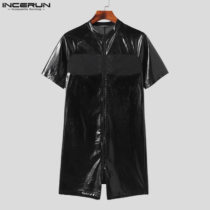 INCERUN 2024 Sexy Men's Fashion Jumpsuits Mesh Patchwork Casual Faux Leather Fabric Rompers Solid Short Sleeved Bodysuits S-3XL