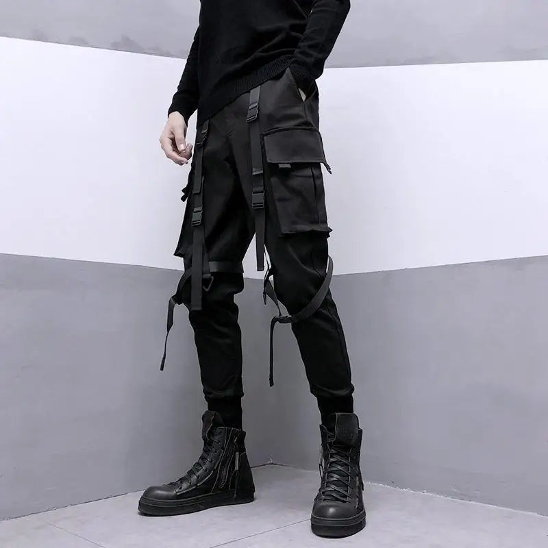 Pantalon cargo noir HOUZHOU Techwear pour homme Pantalon cargo pour homme Style japonais Streetwear Hip Hop Printemps Poche à ruban Mode Harajuku