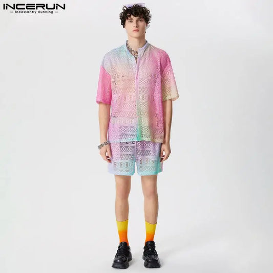 INCERUN 2024 Amerikanischen Stil Mode Sets Herren Langarm Hemden Shorts Sommer Männlichen Spitze Gradienten Druck Zwei-stück Sets S-5XL