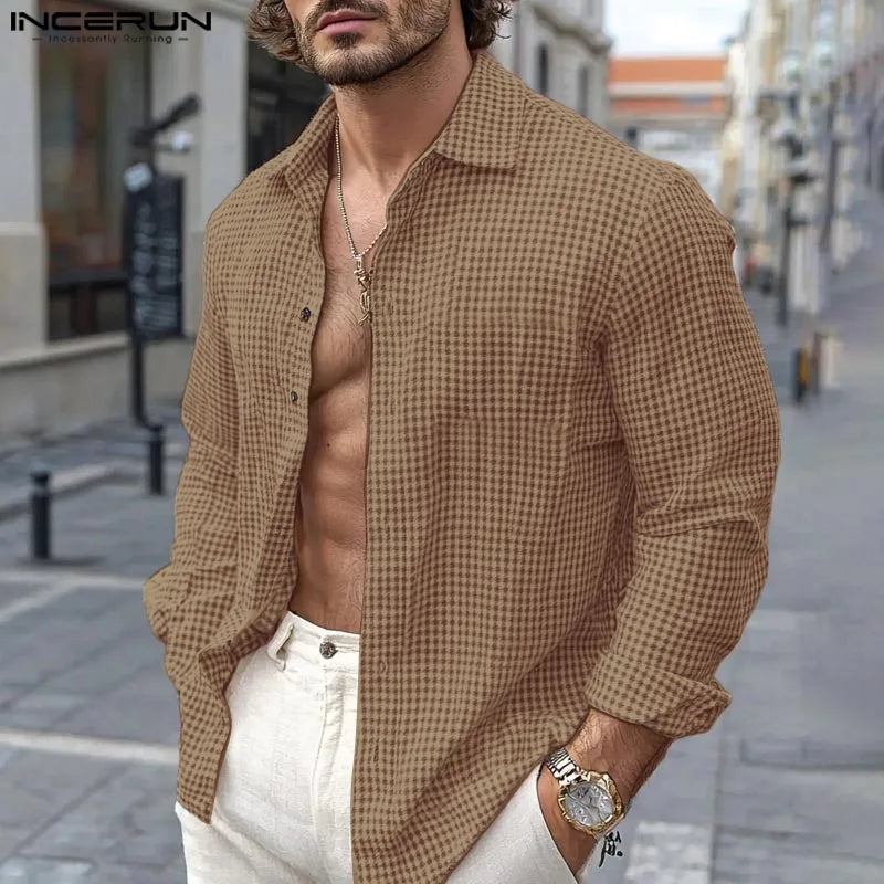 INCERUN Stylish Men's Tops 2024 Autumn New Arrival Lapel Neck Long Sleeve Shirts Plaid Casual Blouse Male Fashion Clothing S-5XL