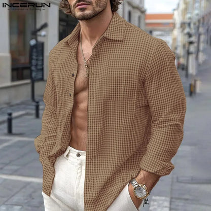 INCERUN Stylish Men's Tops 2024 Autumn New Arrival Lapel Neck Long Sleeve Shirts Plaid Casual Blouse Male Fashion Clothing S-5XL