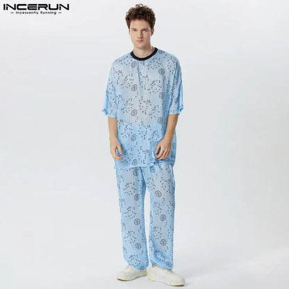 INCERUN Men Clothing Fashion Men's Sets Print Seven Quarter Sleeves Sets 2PCS Transparent T-shirts Long Pants Male Suits