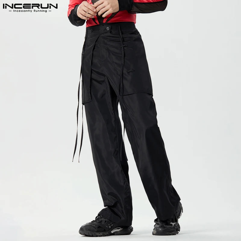 INCERUN 2024 American Style Trousers Fashion Men Layered Fake Two-piece Design Long Pants Casual Solid All-match Pantalons S-5XL