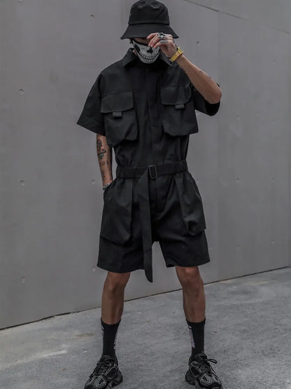 HOUZHOU Techwear Kurzer Overall für Herren Schwarz Bodysuits Overalls Herren Grün Männlich Japanische Streetwear Sommer Taschen Hip