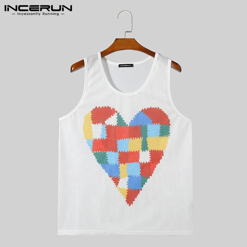 Fashion Well Fitting Tops INCERUN Men's Colorful Heart Pattern Design Vests Casual Hollowed Mesh Sleeveless Tank Tops S-5XL 2024