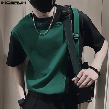 INCERUN Tops 2024 Korean Style New Men Fashion Splicing Backpack Buckle Design T-shirts Casual Male Short Sleeved Camiseta S-5XL