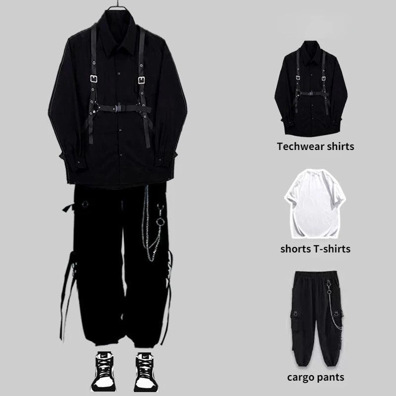 HOUZHOU Techwear Hosen Sets Männer Punk 3 Stück Outfits Schwarze Cargohose Langarmshirts Koreanische Streetwear Hip