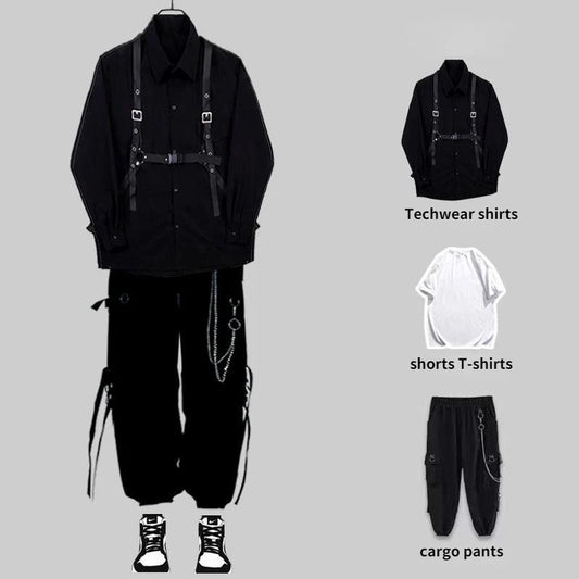 HOUZHOU Techwear Pantalon Ensembles Hommes Punk 3 Pièces Tenues Pantalon Cargo Noir Chemises À Manches Longues Coréen Streetwear Hip Hop Printemps