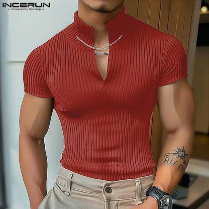 INCERUN Tops 2024 Korean Style New Men Knitted Half High Neckline Chain T-shirts Casual Simple Male Short Sleeved Camiseta S-5XL