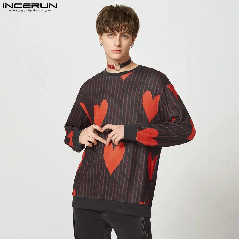 Stilvolle Oberteile im lustigen Stil INCERUN Herren Camiseta mit Love Stripe Printing Casual Streetwear Männliche All-Match-Langarm-T-Shirts S-5XL