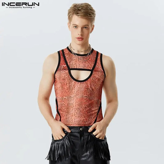 Stylish Casual Style Tops INCERUN New Men's Pattern Hollowed Out Fake Two-piece Vests Handsome Male Printed Waistcoat S-5XL 2024