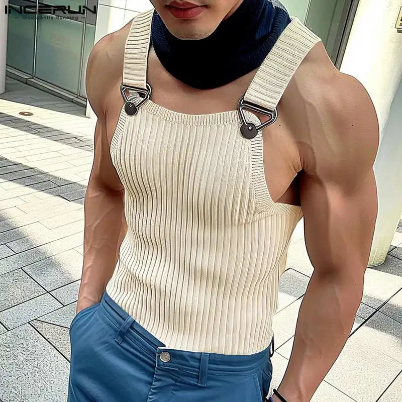 INCERUN Tops 2024 Korean Style New Men's Knitted Pit Strap Vests Summer Casual Streetwear Personality Sleeveless Tank Tops S-5XL