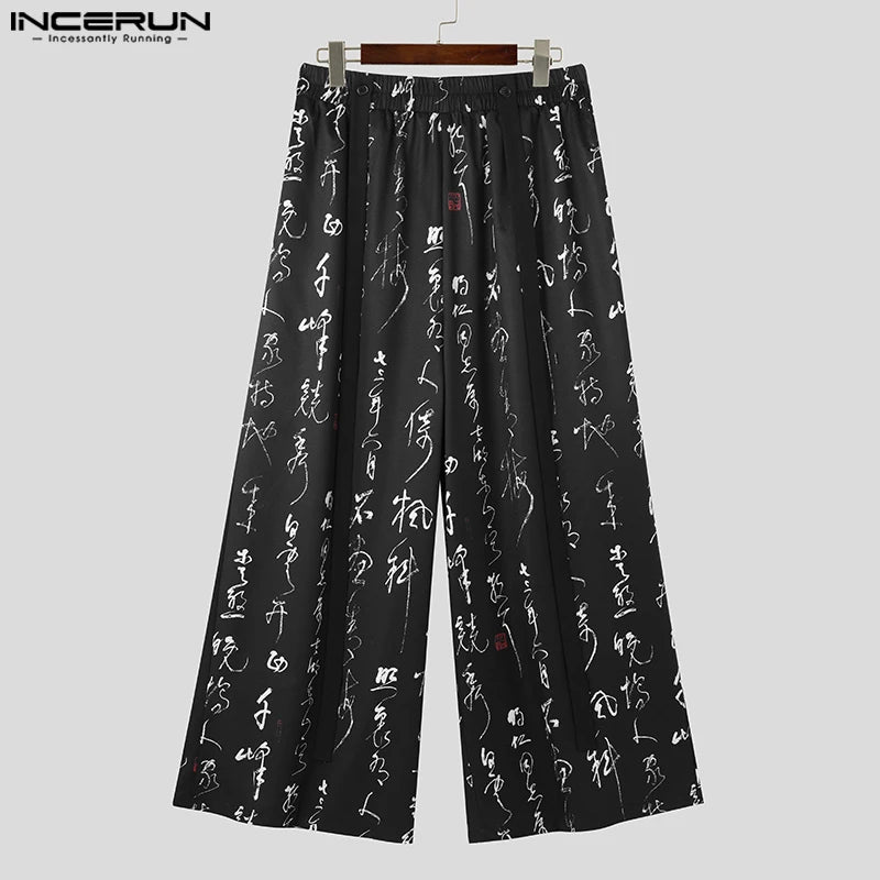 INCERUN 2023 Pantalons de style chinois pour hommes Mode Art Word Imprimé Pantalons à jambes larges Pantalons décontractés Streetwear Pantalons à jambe droite S-5XL