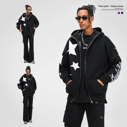 HOUZHOU Y2K Star Hooded Cardigan Knitted Sweater Men Autumn Streetwear Hip Hop Long Sleeve Jumpers Jacket Zipper Coat Male