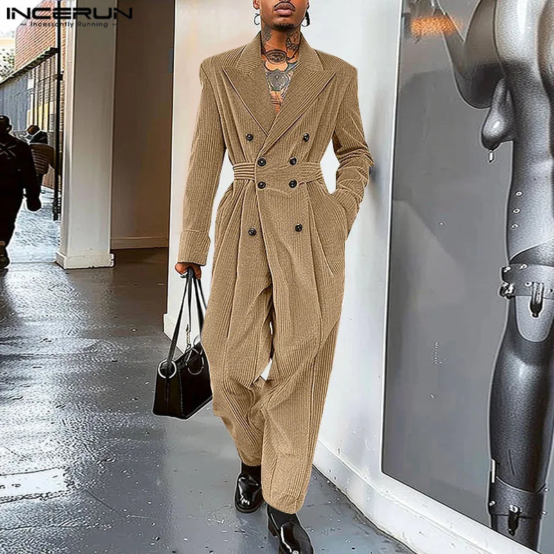 INCERUN 2024 American Style Stylish Jumpsuit Men Corduroy Double Breasted Suit Collar Design Long Sleeved Clubwear Rompers S-5XL