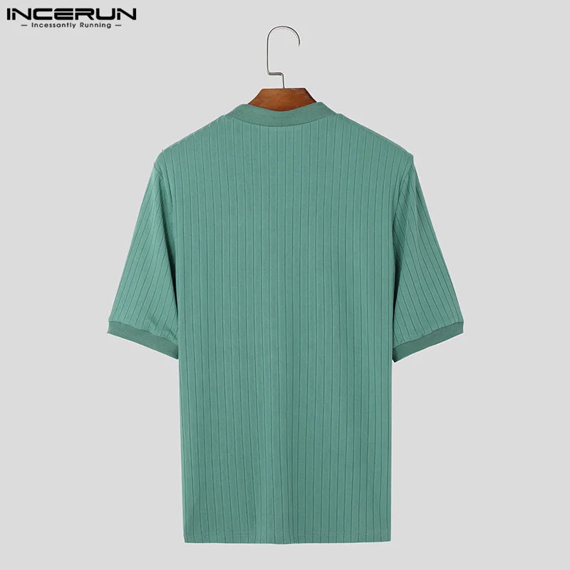 Fashion Well Fitting Tops INCERUN New Men Stand Neck Striped Camiseta Casual Simple Male Solid Short Sleeved T-shirts S-5XL 2024