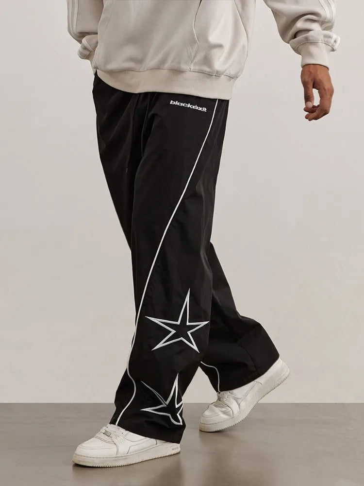 HOUZHOU Y2K Star Parachute Pants Men Streetwear Sports Wide Leg Trousers Male Workwear Hip Hop Harajuku Sweatpants Embroidery