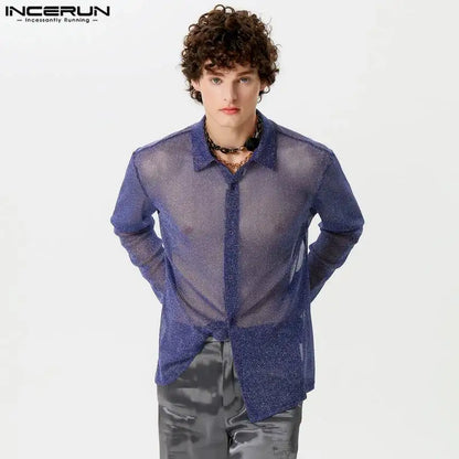 INCERUN Tops 2024 Sexy Casual Men's Slightly Translucent Flash Fabric Shirts Fashion Personality Thin Long Sleeved Blouse S-5XL