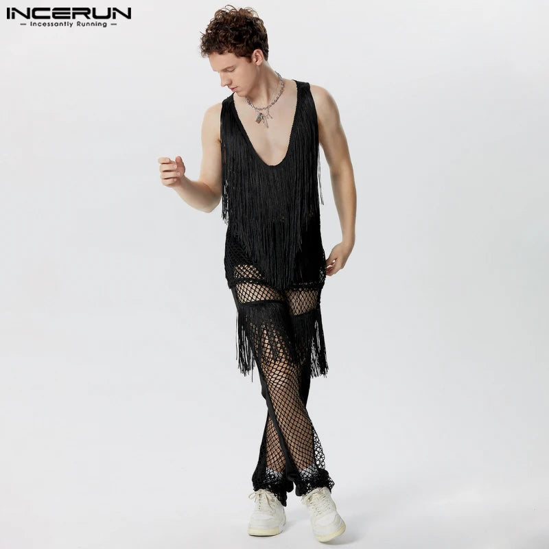 INCERUN 2024 American Style Sets Stylish Sexy Men's Tassel Hollow See-through Vests Pants Leisure Streetwear Suit 2 Pieces S-5XL