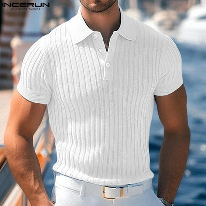 Fashion Casual Style Tops INCERUN New Men's Tight Striped Contrast Shirts Streetwear Male Hot Selling Short Sleeved Blouse S-5XL