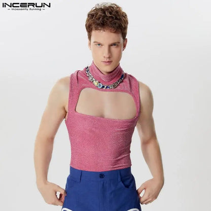 Sexy, stylische Oberteile INCERUN Neue Herren-Unterhemden aus Glitzerstoff mit Hohlsaum Freizeit-Clubwear Halbhoher Halsausschnitt Ärmellose Tanktops S-5XL