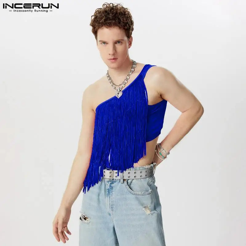 Party Nightclub Style Tops INCERUN Men Sexy Sloping Shoulder Tassel Cropped Vests Stylish Clubwear Hot Sale Thin Tank Tops S-5XL