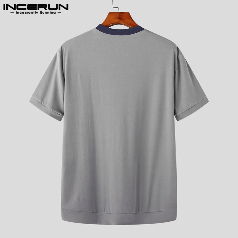 Men T Shirt Patchwork Round Neck Streetwear Short Sleeve Casual Men Clothing 2023 Summer Korean Style Tee Tops S-5XL INCERUN