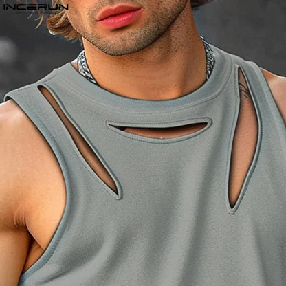 INCERUN Tops 2024 American Style Fashion Mens Irregular Hollow Burn-out Tank Tops Casual Streetwear Solid Sleeveless Vests S-5XL