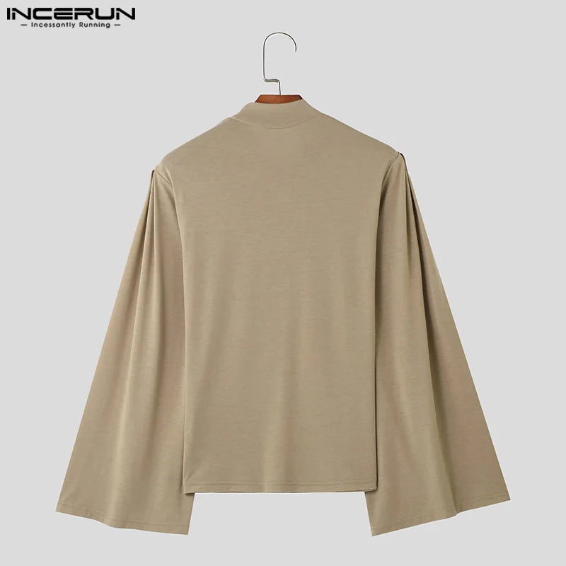 INCERUN Tops 2024 American Style New Men's Layered Design Swing Collar Shirts Casual Streetwear Solid Long Sleeved Blouse S-5XL