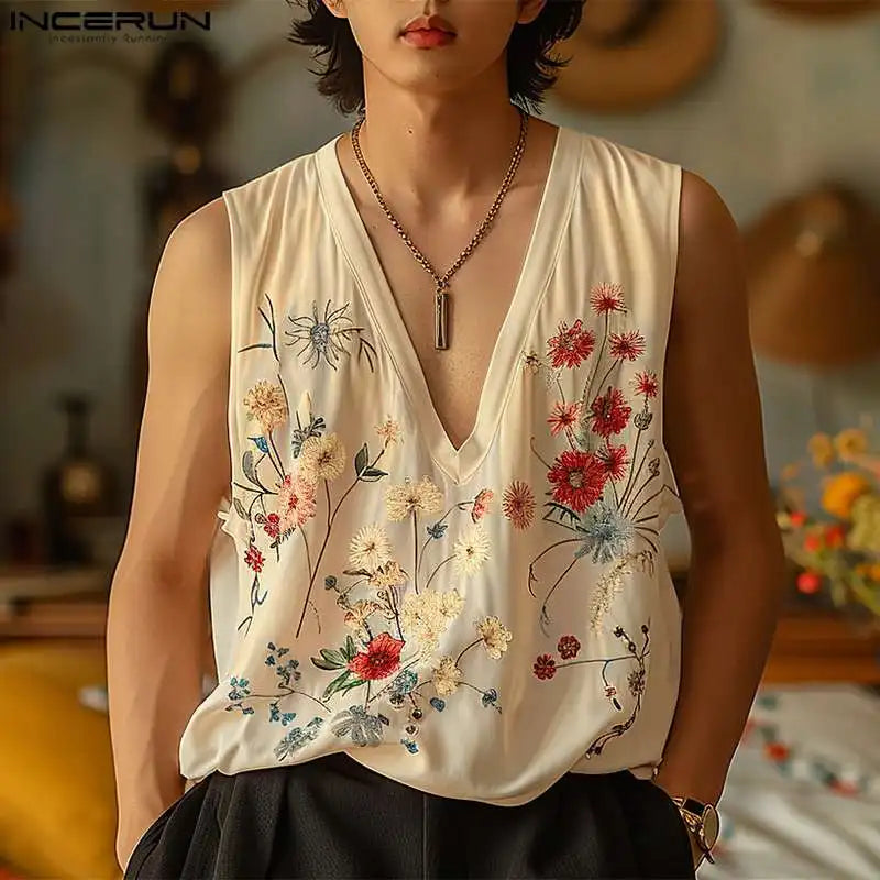 INCERUN Tops 2024 Handsome New Men's V-neck Floral Print Pattern Vests Summer Casual Streetwear Male Sleeveless Tank Tops S-5XL