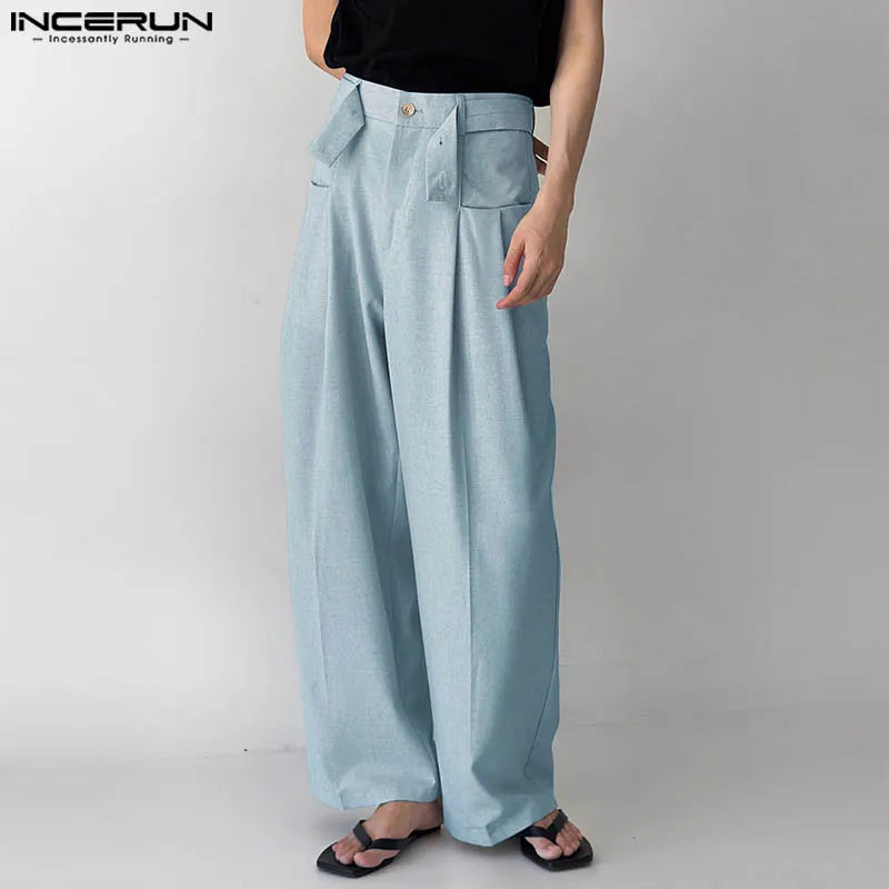 INCERUN 2024 Koreanische Stil Pantalons Mode Für Männer Gemischt Farbe Gerade Bein Hose Casual Streetwear Männlichen Hohe Taille Hose S-5XL