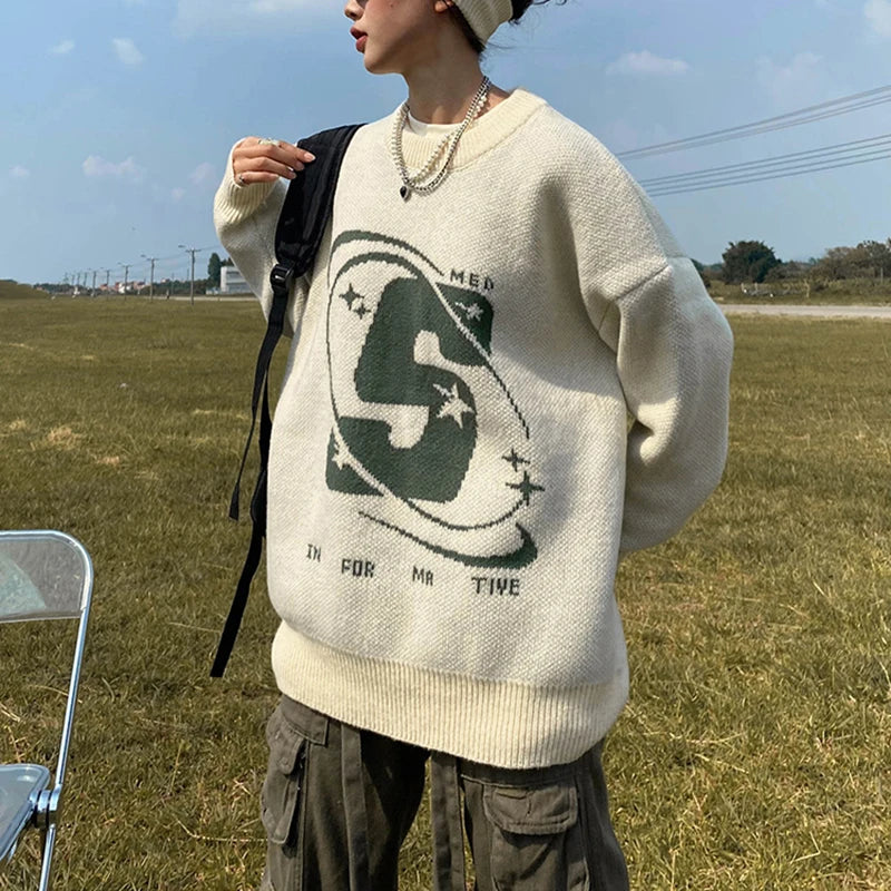 Capital Letter Print Solid Color Retro Men's and Women's Autumn Winter Sweaters Harajuku Crew Neck Oversized Baggy Knitted Top