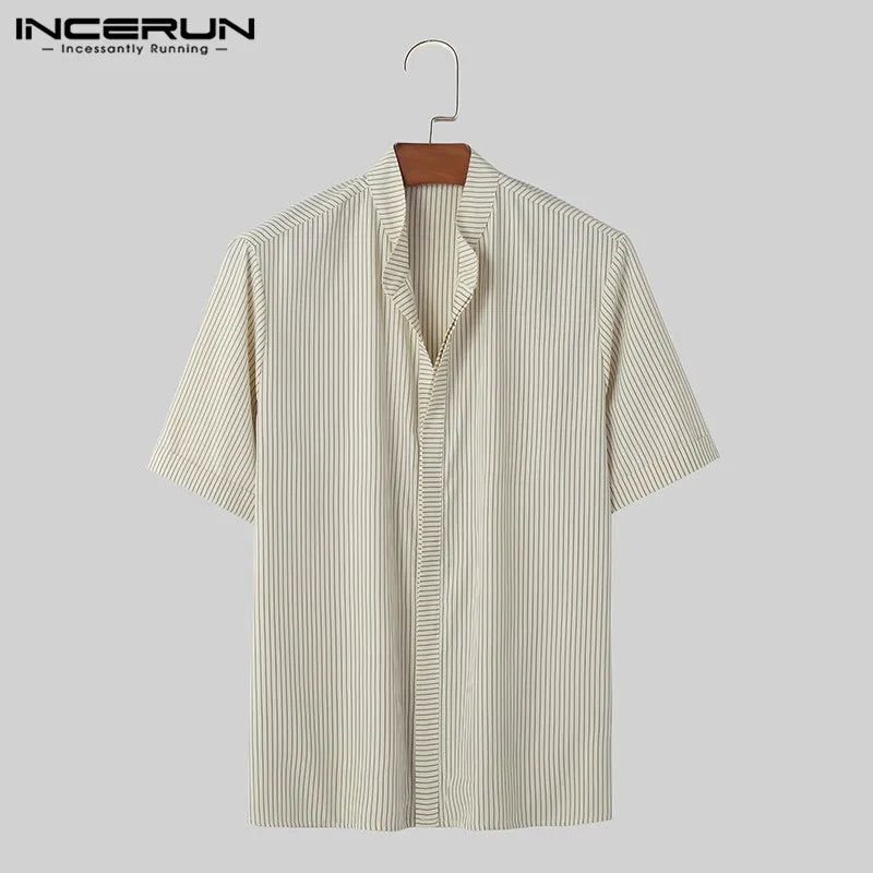 INCERUN Tops 2024 Korean Style New Men's Striped Stand Neck Design Shirts Casual Streetwear All-match Short Sleeved Blouse S-5XL