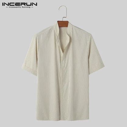 INCERUN Tops 2024 Koreanische Stil Neue Männer Gestreiften Stehkragen Design Shirts Casual Streetwear Alle-spiel Kurzarm Bluse S-5XL