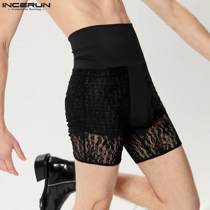 INCERUN 2024 Sexy Mens Homewear Lace Perspective Sleepwear Casual Fashionable Male Thin Comfortable Spliced Elastic Shorts S-5XL