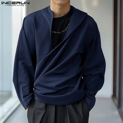 INCERUN 2024 Men's Shirts Cowl Neck Solid Long Sleeve Tops Spring Autumn Casual Streetwear Male Ruffled Tops Men Clothing S-5XL