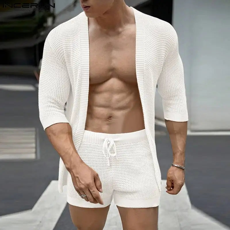 INCERUN 2023 Korea Style Sexy New Men's Sets Medium Sleeve Cardigan Shorts Casual Hollowed Solid Color Male Two Piece Sets S-5XL