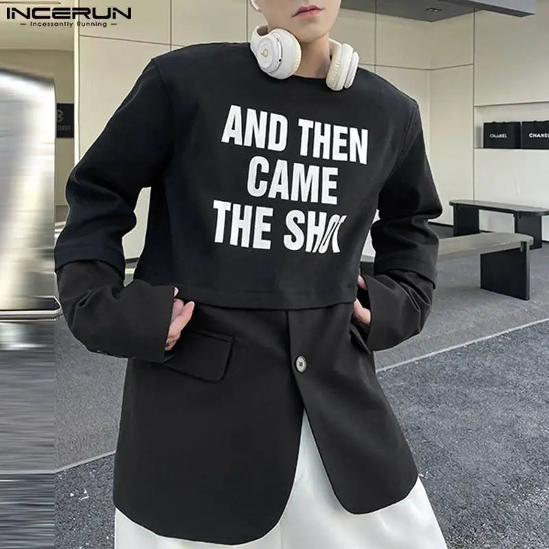 2024 männer T Shirt Druck Patchwork Oansatz Langarm Koreanischen Stil Männer Kleidung Streetwear Lose Mode T Tops S-5XL INCERUN