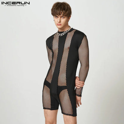 INCERUN Sexy Mesh Loungewear Neue Männer Durchsichtigen Mesh Bodysuit Sexy Stilvolle Männlichen Spleißen Solide Langarm Strampler S-5XL 2024