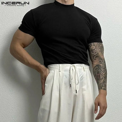 INCERUN Men T Shirt Solid Color Turtleneck Short Sleeve Male Tee Tops Streetwear Fitness Cozy 2023 Summer Casual Camisetas S-5XL