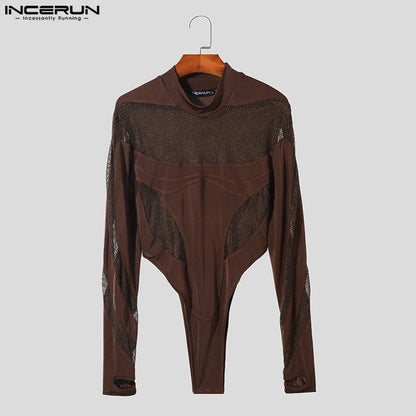 INCERUN 2023 Sexy Homewear Men's Bodysuits Half High Neck Mesh Splice Rompers Casual Fashion Thimble Long Sleeve Jumpsuits S-3XL