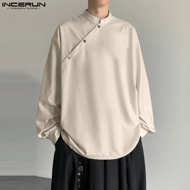 INCERUN Tops 2024 Korean Style Men's Stand Collar Slanted Placket Design Shirt Casual Streetwear Solid Long Sleeved Blouse S-5XL