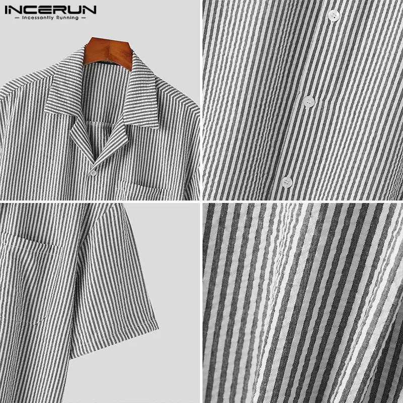 Fashion Casual Simple Style Tops INCERUN 2024 New Men Striped Collar Shirt Streetwear Summer Hot Sale Short Sleeved Blouse S-5XL