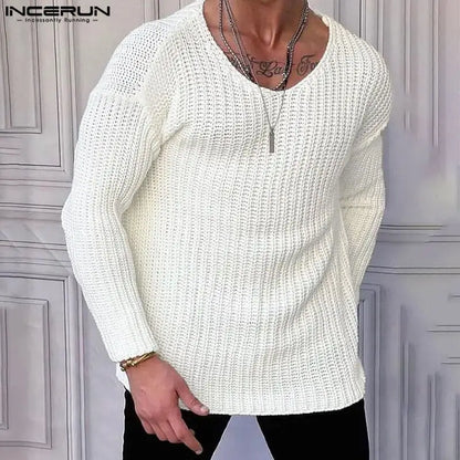 Casual Stylish Style Tops INCERUN 2024 Men's Knitted Texture T-shirts Male Solid Simple Comfortable Long Sleeved Camiseta S-5XL