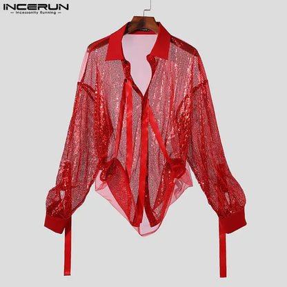 INCERUN Tops 2024 Korean Style New Mens Personality Shiny Reflective Design Shirts Casual Fashion Thin Long Sleeved Blouse S-5XL